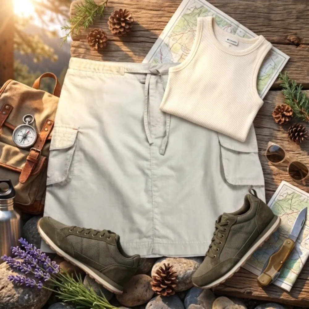 Columbia Womens Medium Beige Nylon Cargo Skirt Outdoor Hiking Drawstring Waist